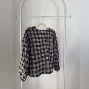 Zara Basic Long Sleeve Plaid Long Sleeve Top, M